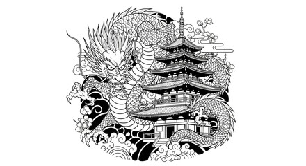Monochromatic illustration of a traditional pagoda entwined with an oriental dragon design © Hitam Putih