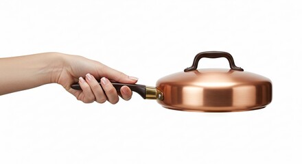 A hand holds a coppercolored lidded saucepan against a white background
