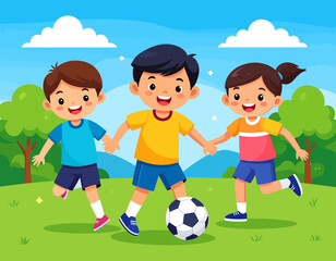 Three happy kids playing soccer together on a green field, holding hands, smiling, and enjoying a fun outdoor activity under a bright blue sky.