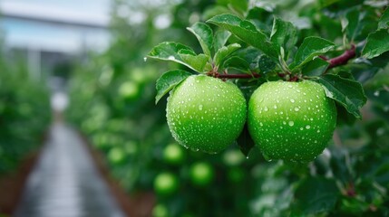 Two Green Apples Covered in White Spots Hanging on Tree Branch in Orchard with Blurry Rows Under Bright Daylight