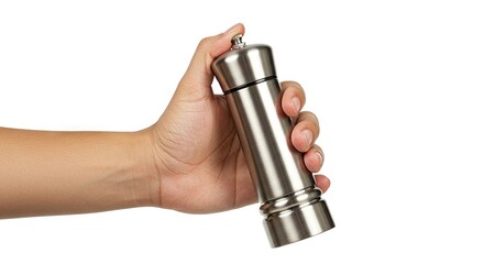 A hand holds a metal pepper grinder set against a white background