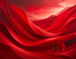 Obraz premium Red rose nestled in flowing, crimson textile landscape under a dramatic, red sky