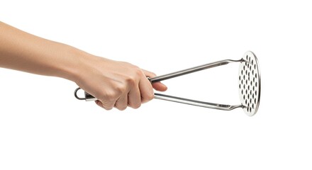 A hand holds a metal potato masher against a white background