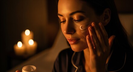 Woman applying cream to face in dim candle light before bed for skincare routine at night time