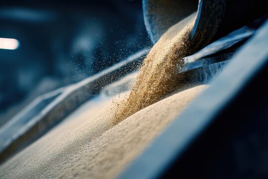 Dynamic Flow of Golden Granules - Industrial Processing of Raw Material on Conveyor Belt with Dust.