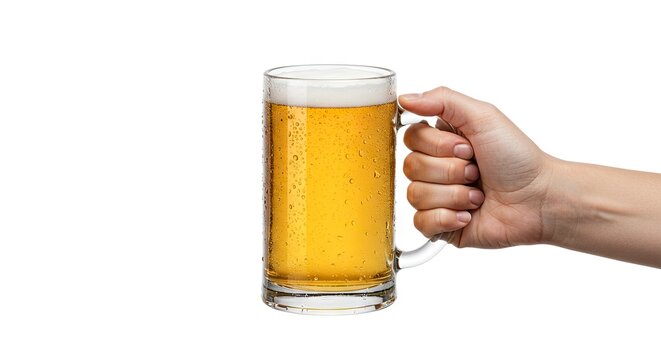 A hand holds a full frosty beer mug against a white background