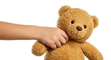 Teddy bear with a childs hand clutching its neck on a white background
