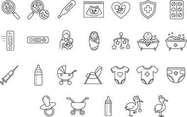 Outline Pregnancy, Maternity, and Newborn Baby Care Vector Icons Set, SEO Optimized Collection for Healthcare, Pediatrics, Childbirth, Parenting, and In