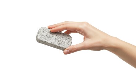 A hand holds a porous rectangular pumice stone against a stark white background