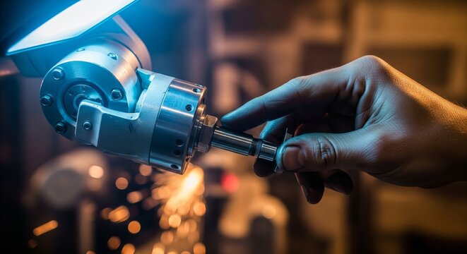 Technician Adjusting Robotic Arm in Industrial Workshop