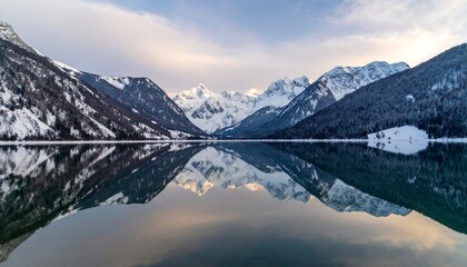 A serene winter lake reflecting snowy mountains