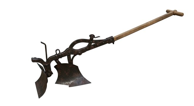 Iron plow with a wooden handle showing age and weathering isolated on white