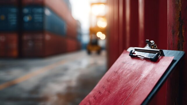 Close up of a clipboard with a red checklist document in a blurred industrial shipping container yard with a forklift operating in the background