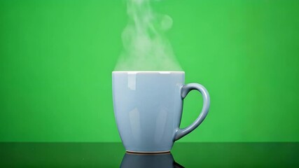 Steaming blue mug against vibrant green backdrop, perfect for morning coffee, relaxation, or promoting cafes, coffee shops, and lifestyle brands