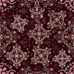 Floral seamless folk pattern, ethnic folklore flowers. Ethnic flowers, Jacobean traditional style on a white background. Classic indian motifs, trendy vector illustration