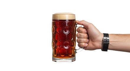 A hand holds a full beer mug showcasing amber liquid foam and a wrist watch against a white backdrop