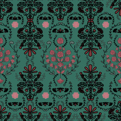 Floral seamless folk pattern, ethnic folklore flowers. Ethnic flowers, Jacobean traditional style on a white background. Classic indian motifs, trendy vector illustration