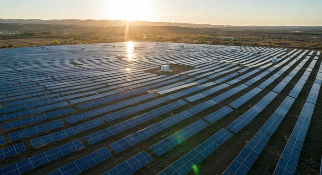 A large solar panel array spans a rural landscape under a bright sunset