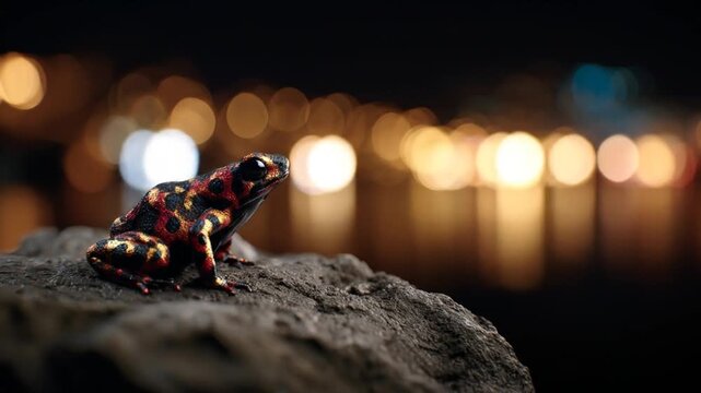 Exotic frog on a rock with blurred lights in the background