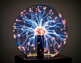 Illuminated glass sphere displays internal plasma discharge, branching filaments of light