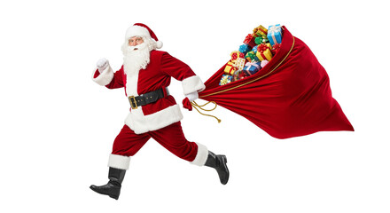 Running Santa Claus Dragging Bag of Gifts Isolated on White
