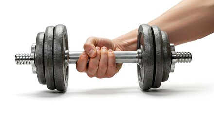 Fototapeta premium A hand firmly grips a dumbbell with weight plates attached to each side