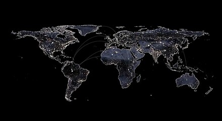 A nightview world map with connections between several cities