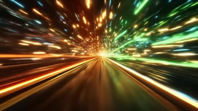 A vibrant, fast-paced tunnel effect showcases streaks of colorful light, creating a dynamic and energetic visual.