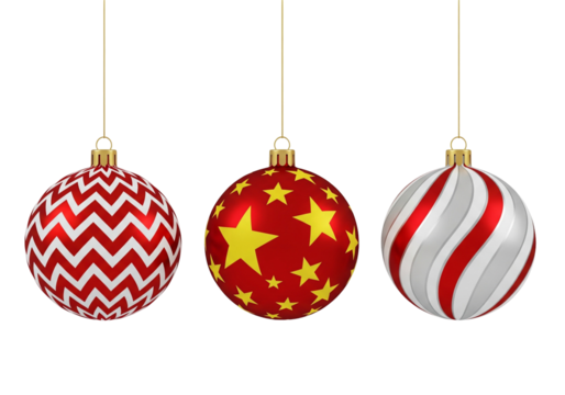 Three Hanging Red and White Christmas Balls with Patterns
