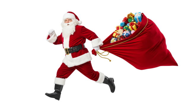 Running Santa Claus Dragging Bag of Gifts Isolated on White
 - Powered by Adobe