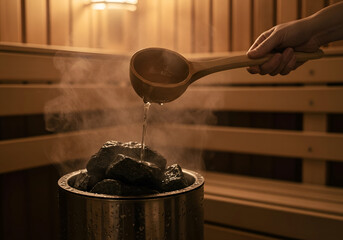 Creating soothing steam in a serene wooden sauna with a ladle pouring water over hot stones, enhancing the therapeutic atmosphere and relaxation experience