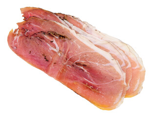 Traditional Italian prosciutto crudo dry cured ham slices with black truffle isolated on a white background