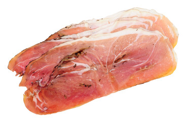 Traditional Italian prosciutto crudo dry cured ham slices with black truffle isolated on a white background