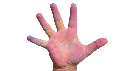 A human hand palm up is covered in colorful paint or powder residue