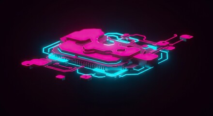 Isometric rendering of a pink multilayered circuit board with glowing blue accents set against a dark background