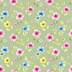 Fototapeta premium Watercolor floral and leaf pattern of hand-painted wildflowers and sprawling leaves,created for wallpaper and fabric, illuminated with diffused