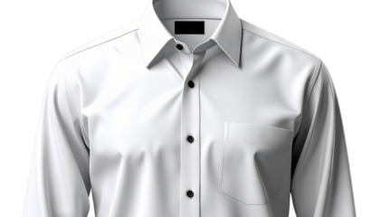 Classic white long-sleeve button-up dress shirt, immaculately presented, symbolizing professional elegance and timeless style, suitable for business attire, formal events, and versatile fashion