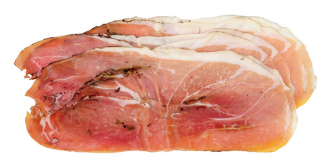 Traditional Italian prosciutto crudo dry cured ham slices with black truffle isolated on a white background