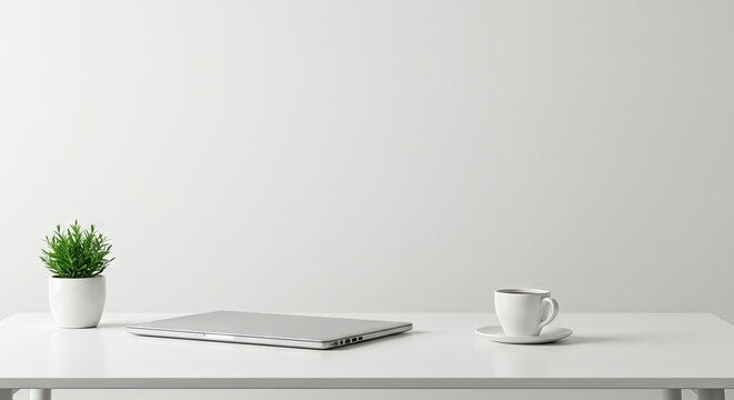 A white desk with a laptop potted plant and coffee cup