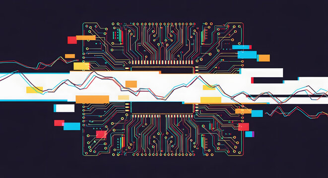 Abstract Technological Circuit Board Design with Glitch Effects and Oscillating Signals