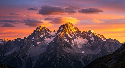 Sunrise illuminates snowcapped mountains beneath a cloudy sky with warm orange hues