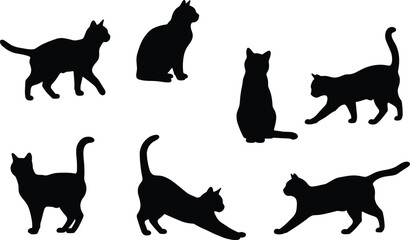 Collection of Black Cat Silhouettes Vector Set, SEO Optimized for Feline, Pet, Animal, Halloween, Magic, and Domestic Kitten Poses, Minimalist Graphic Design Elements.