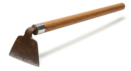 A shorthandled rusty garden hoe with a triangular blade and wooden handle casts a shadow on a white background