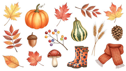Watercolor Autumn Collection with Pumpkin Leaves and Scarf.