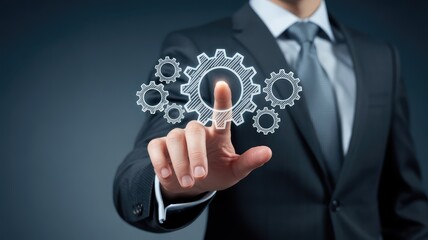Businessman's finger activating gears, symbolizing innovation, technology, and business solutions