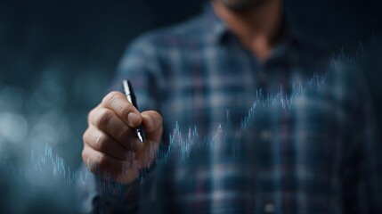 A person s hand holding a pen interacts with a glowing digital financial graph symbolizing analysis and growth