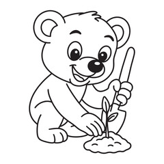 line art of a cartoon bear uses a shovel to plant a tree vector