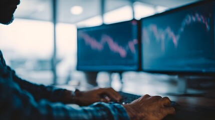 Person working on dual computer monitors displaying financial charts in a modern office