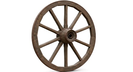 A weathered wooden wagon wheel stands its radial spokes converging at a central hub