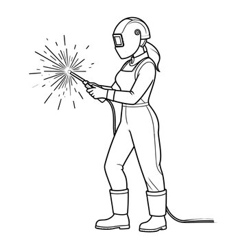 Cartoon-style flat vector outline of a determined female welder in full protective gear, generating bright sparks during metalwork, representing industrial skill and safety